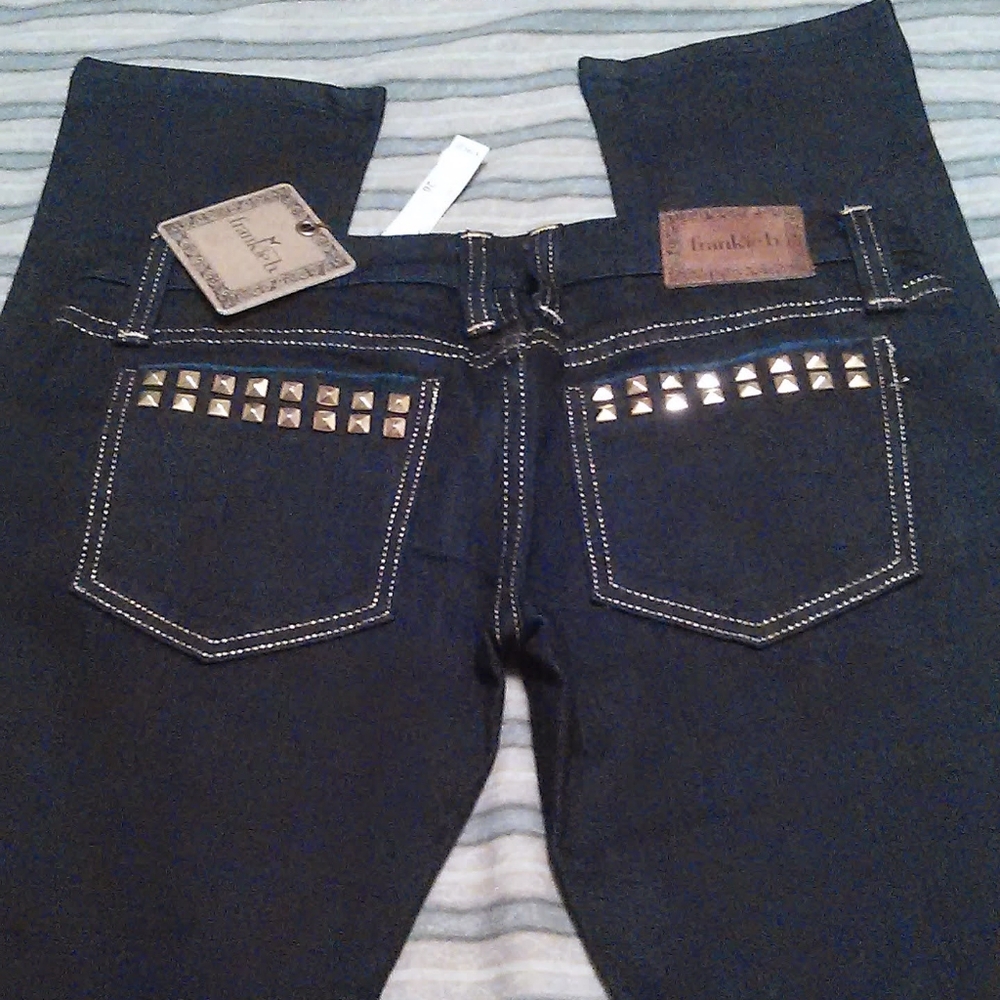 New Frankie B dark blue jeans w/gold studs on pockets & tags on for $199